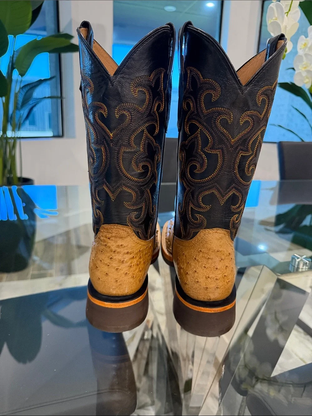 Men's Two-Tone Ostrich Leather Western Boots - Tan & Black - Picture 4 of 9